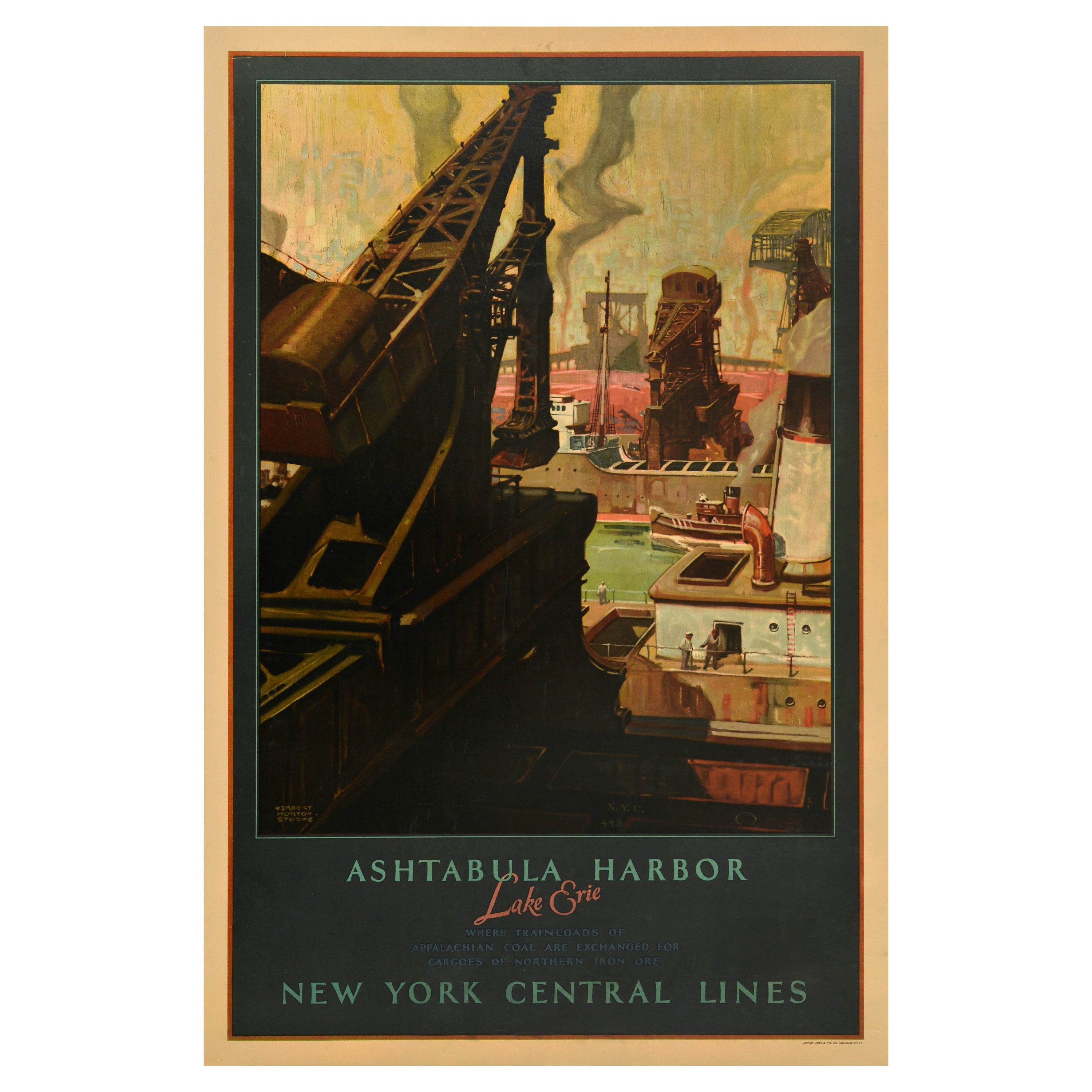 Original Vintage Poster Ashtabula Harbor Lake Erie New York Central Lines Rail For Sale