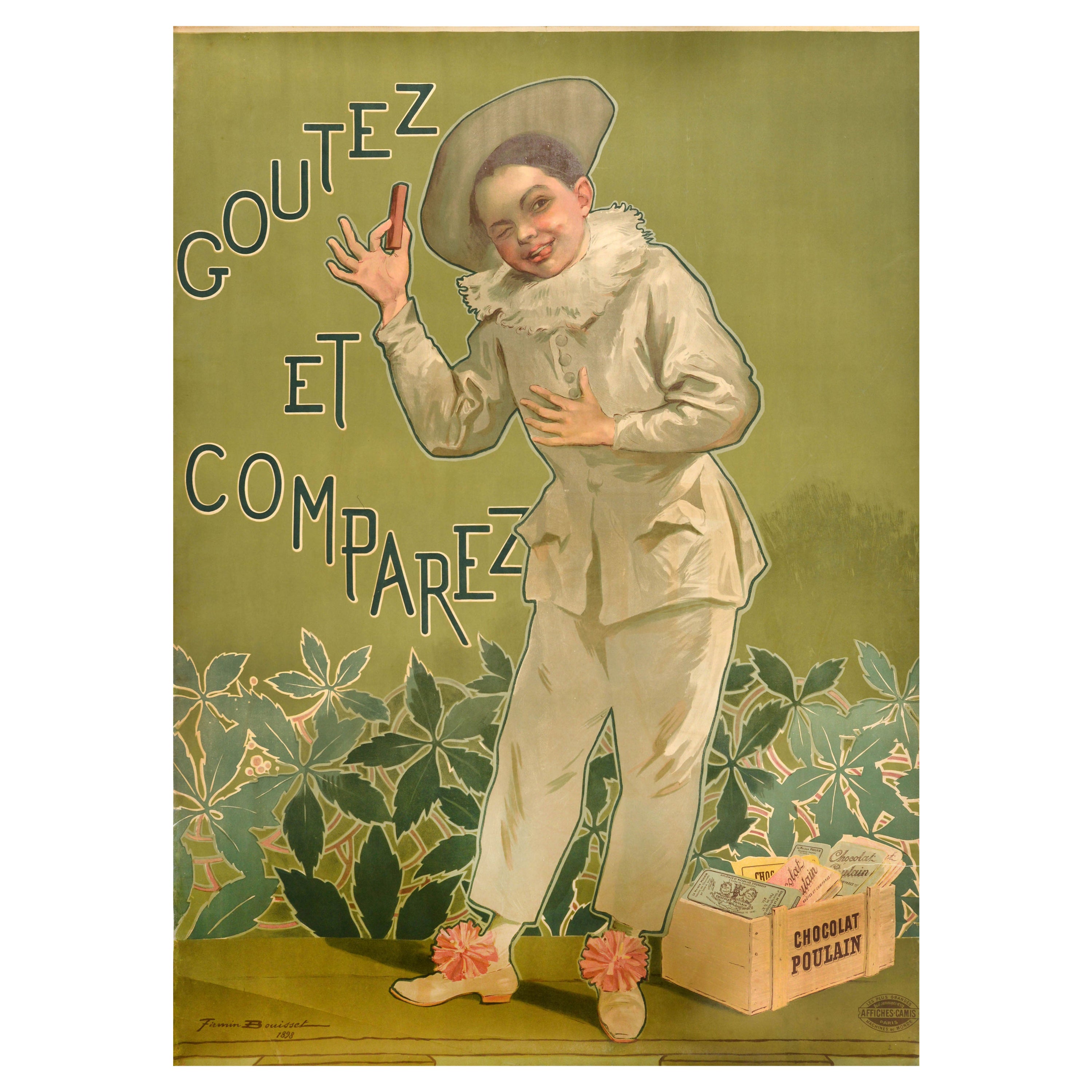 Original Antique Poster Chocolat Poulain Chocolate Advertising Art Cheeky Child For Sale