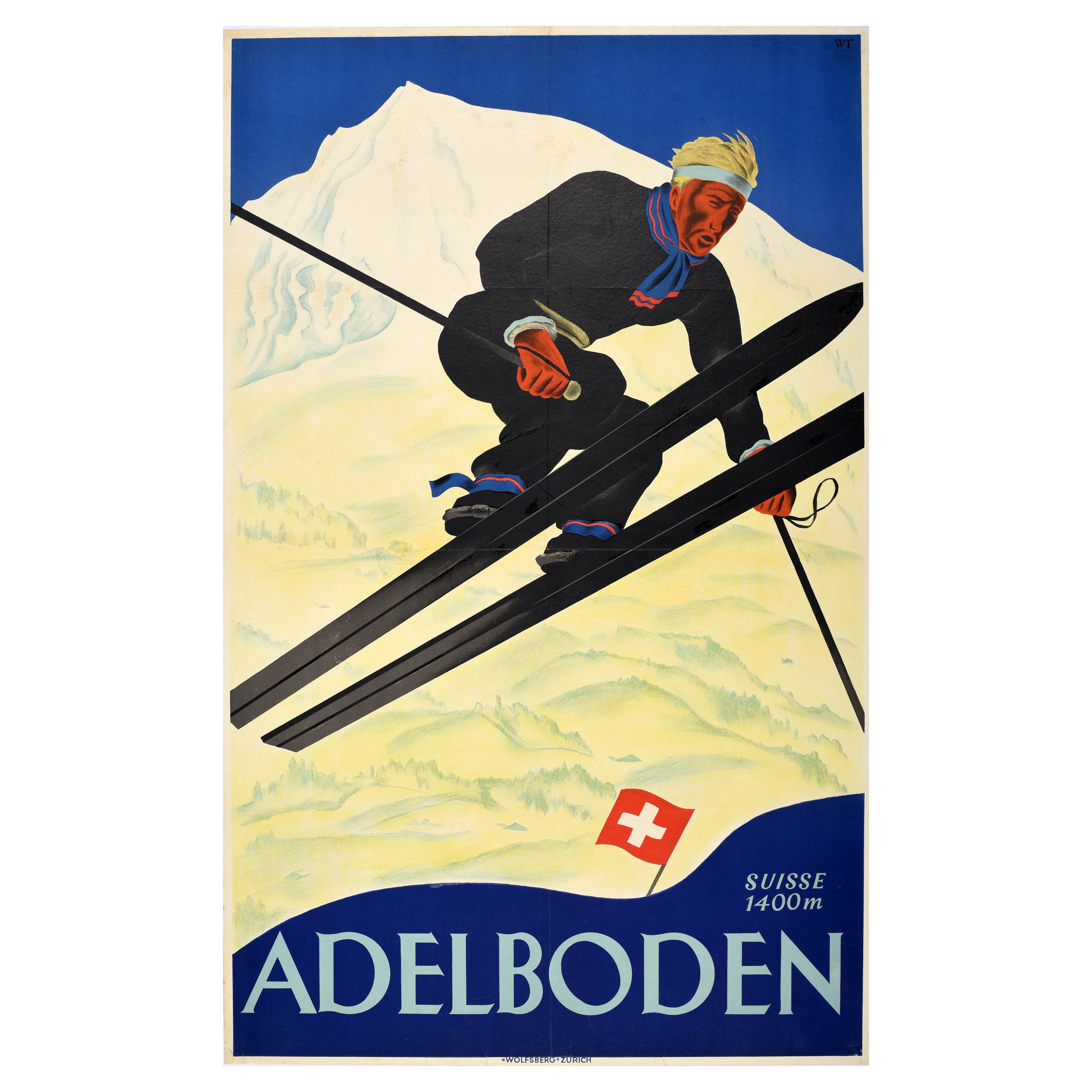 Original Vintage Swiss Skiing Poster Adelboden Switzerland Ski Jump Winter Sport For Sale
