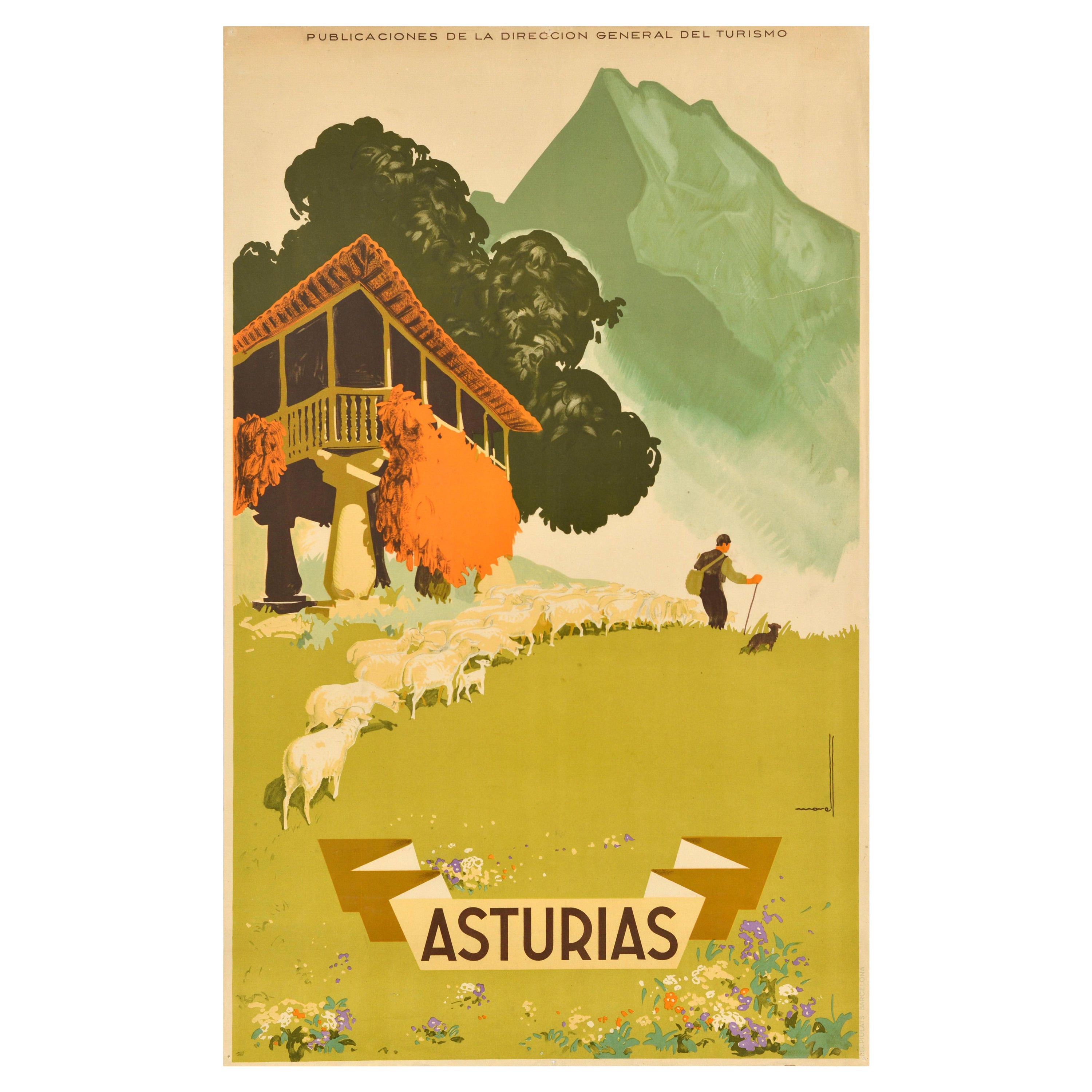 Affiche rétro originale de voyage Asturias, Espagne, Montagnes Cantabriennes, Art berger