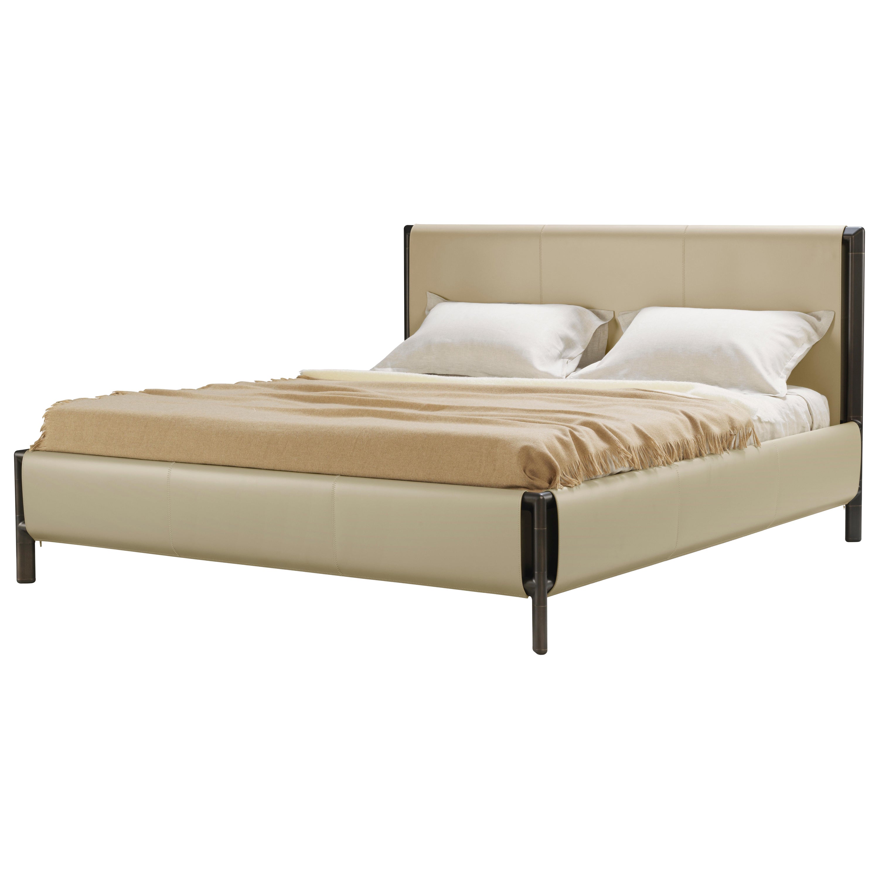 Frame Bed, Hardleather Nocciola, Burnished Brass Structure, Made in Italy For Sale