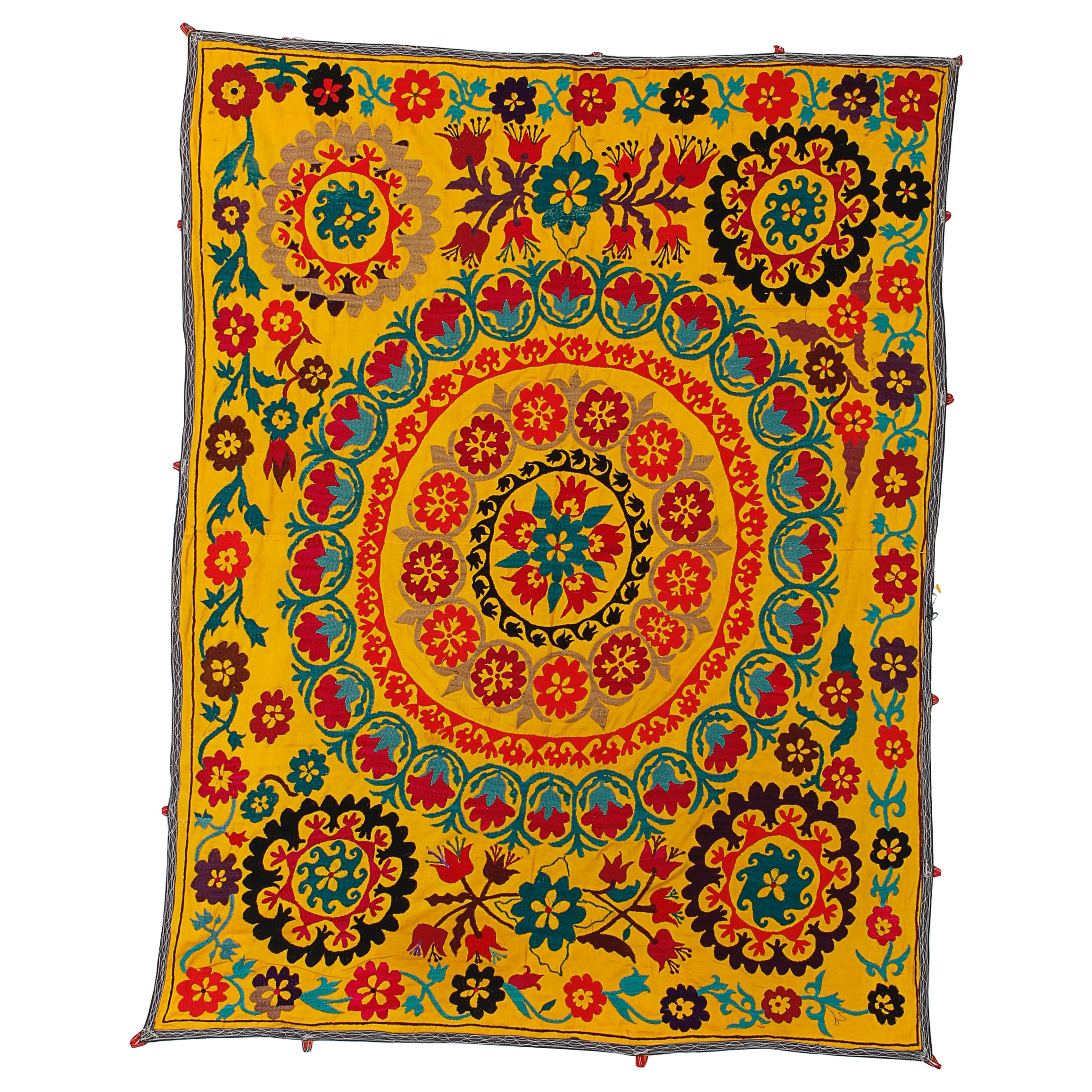 Handgemachte Seidenstickerei Vintage Wandbehang. Gelbe Suzani-Bettdecke