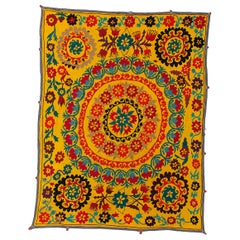 Handmade Silk Embroidery Vintage Wall Hanging. Yellow Suzani Bedspread