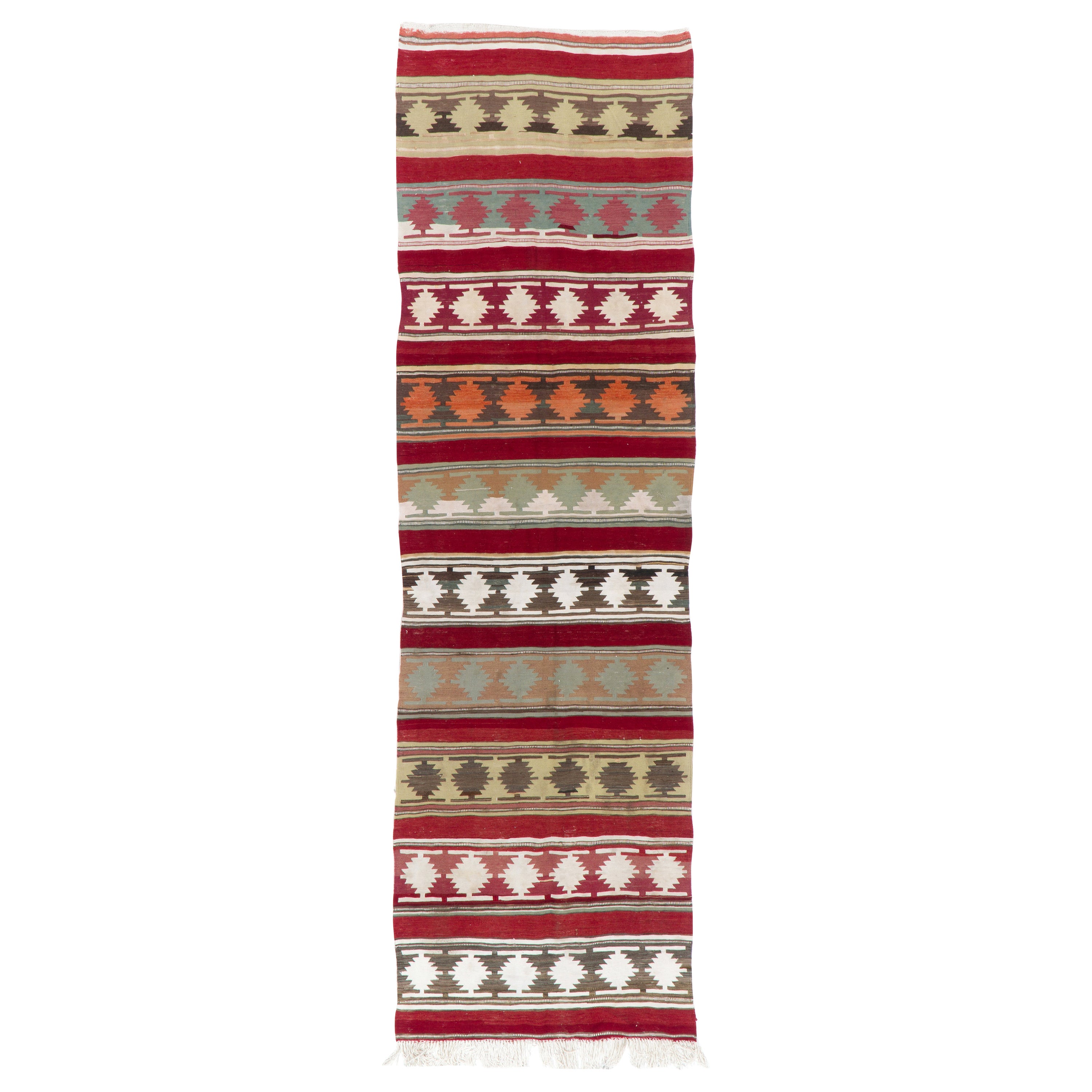 Hand-Woven Anatolian Runner Kilim, Geometric Vintage Corridor Rug For Sale