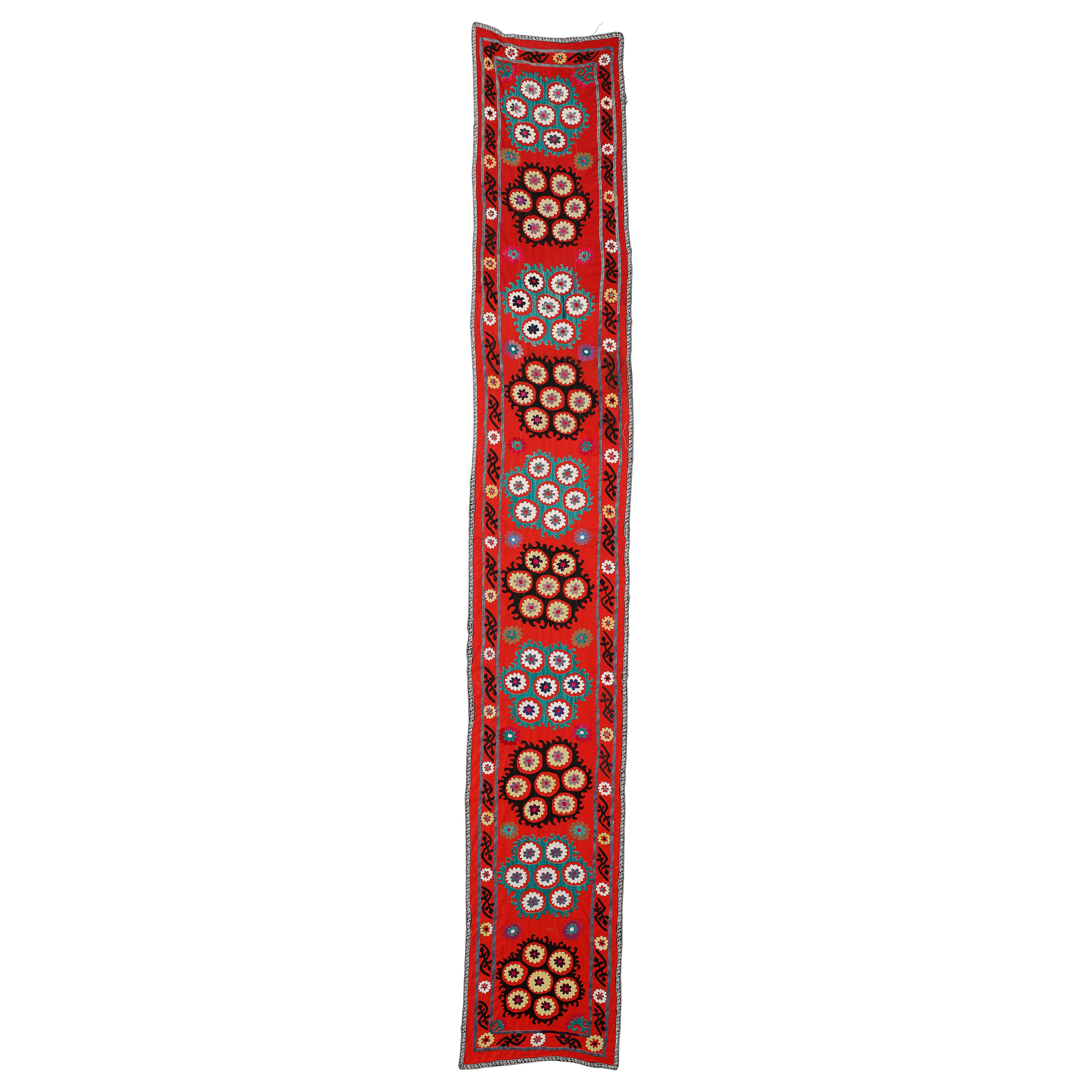 1.9x12.4 ft Silk Embroidery Red Table Runner, Uzbek Suzani Fabric Wall Hanging For Sale