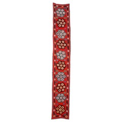 Vintage Silk Embroidery Table Runner in Red, Uzbek Suzani Fabric Wall Hanging