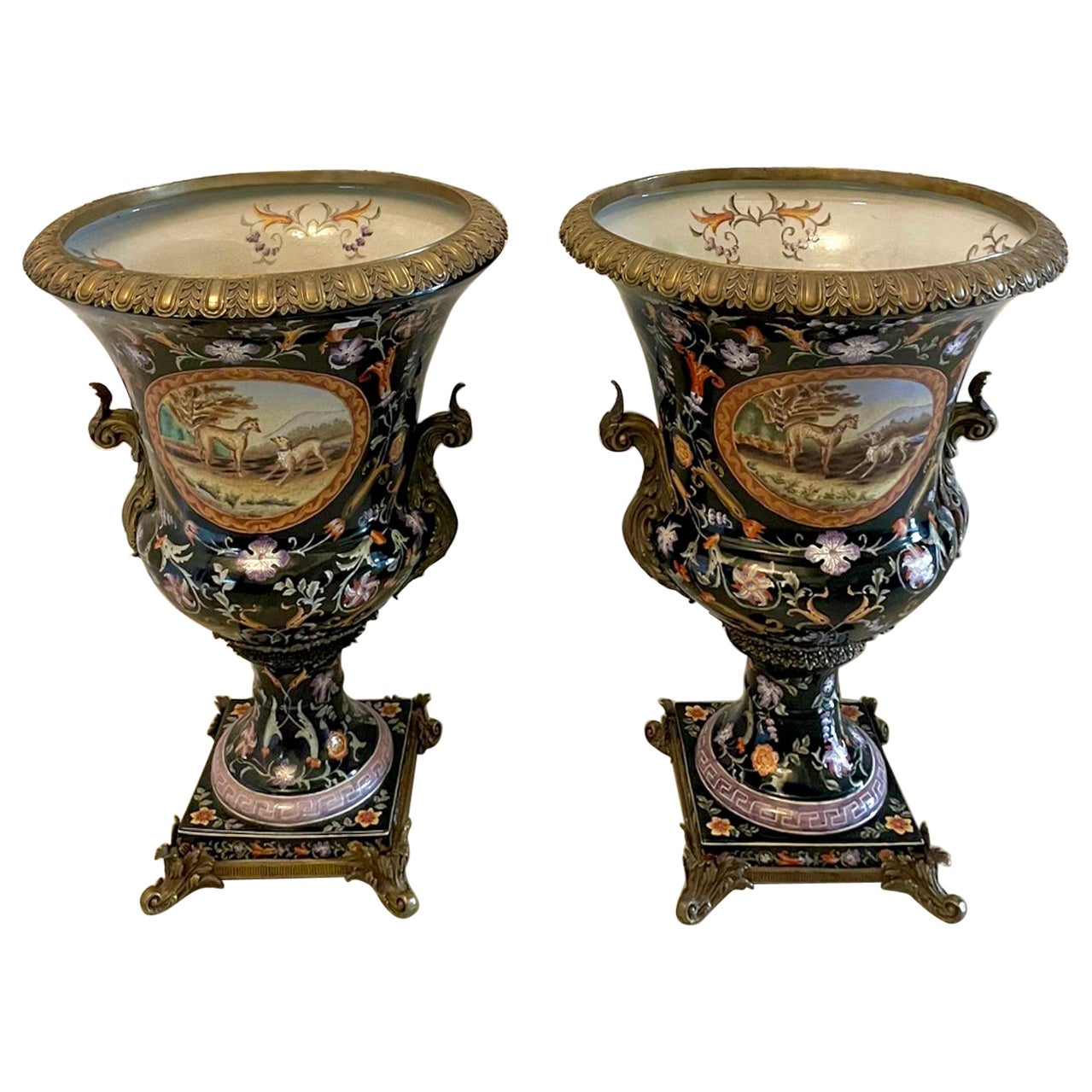 Large Pair of Quality Antique Porcelain and Ornate Brass Mounted Vases For Sale