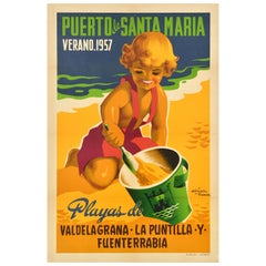 Affiche de voyage vintage d'origine Porto De Santa Maria, Espagne, plages d'été