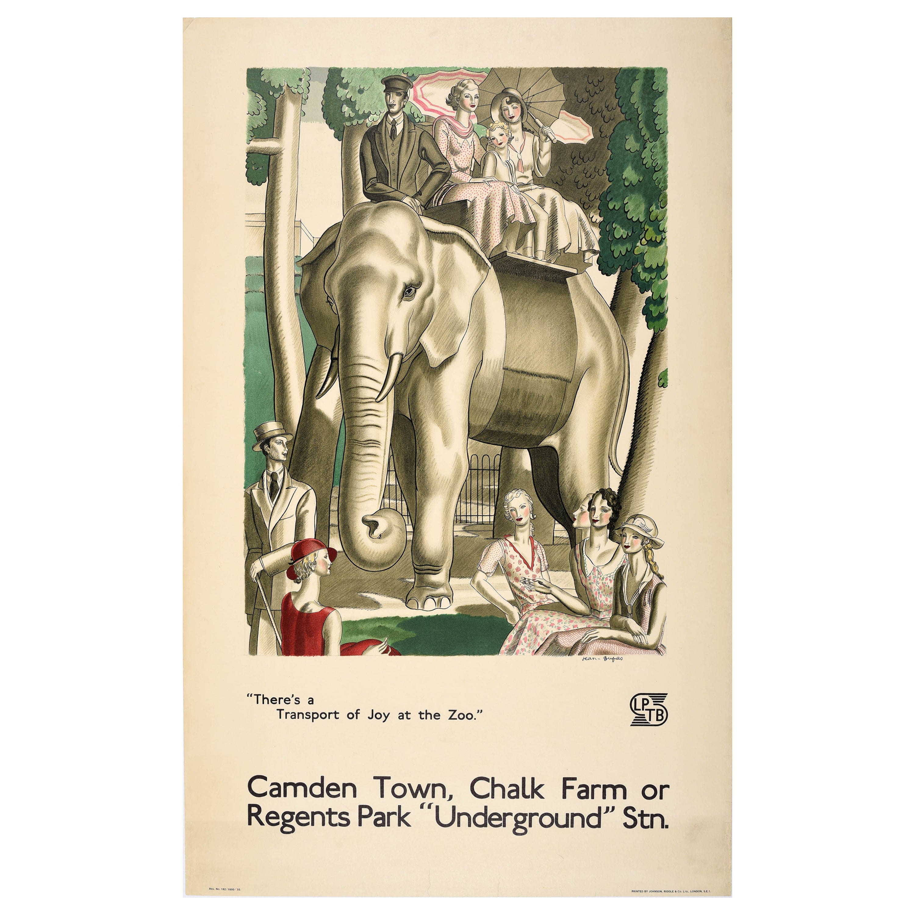 Original Vintage London Underground Poster Transport Of Joy At The Zoo Elephant For Sale