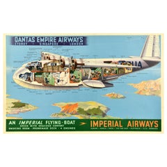 Original Vintage Poster Qantas Empire Airways Imperial Air Travel Flying Boat