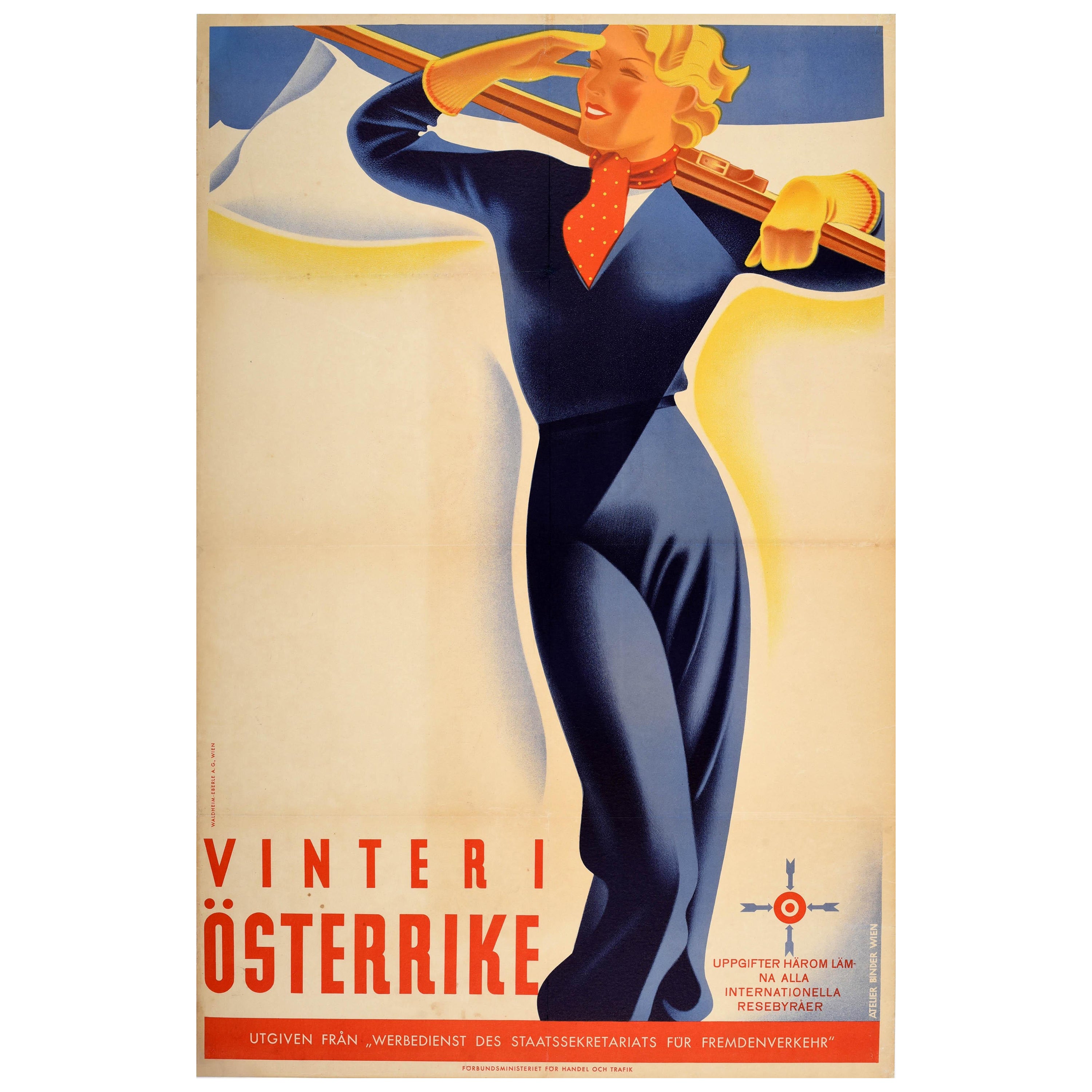 Affiche vintage originale Art Déco Vinter I Osterrike, Hiver dans les Alpes Autriches, Skier en vente