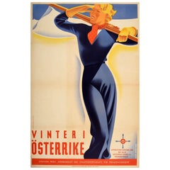 Original Vintage Art Deco Poster Vinter I Osterrike Winter In Austria Alps Skier
