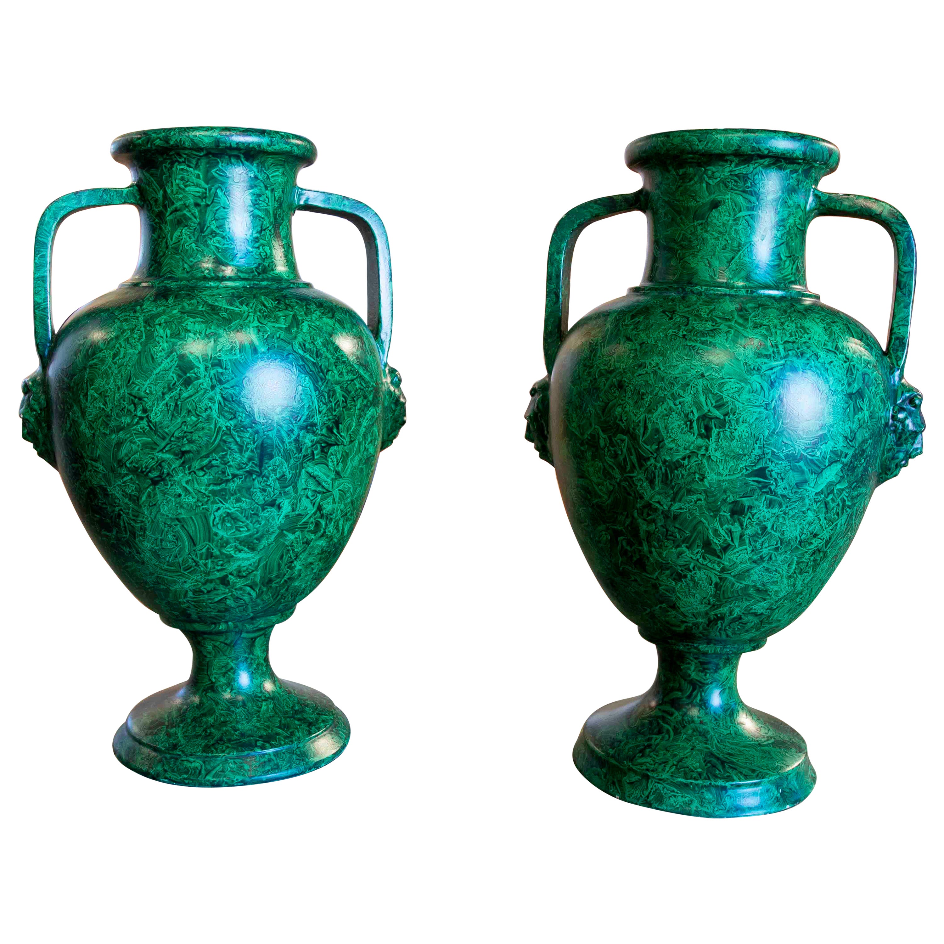 1970s Pair of Hand Painted Ceramic Cups Imitating Malachite For Sale