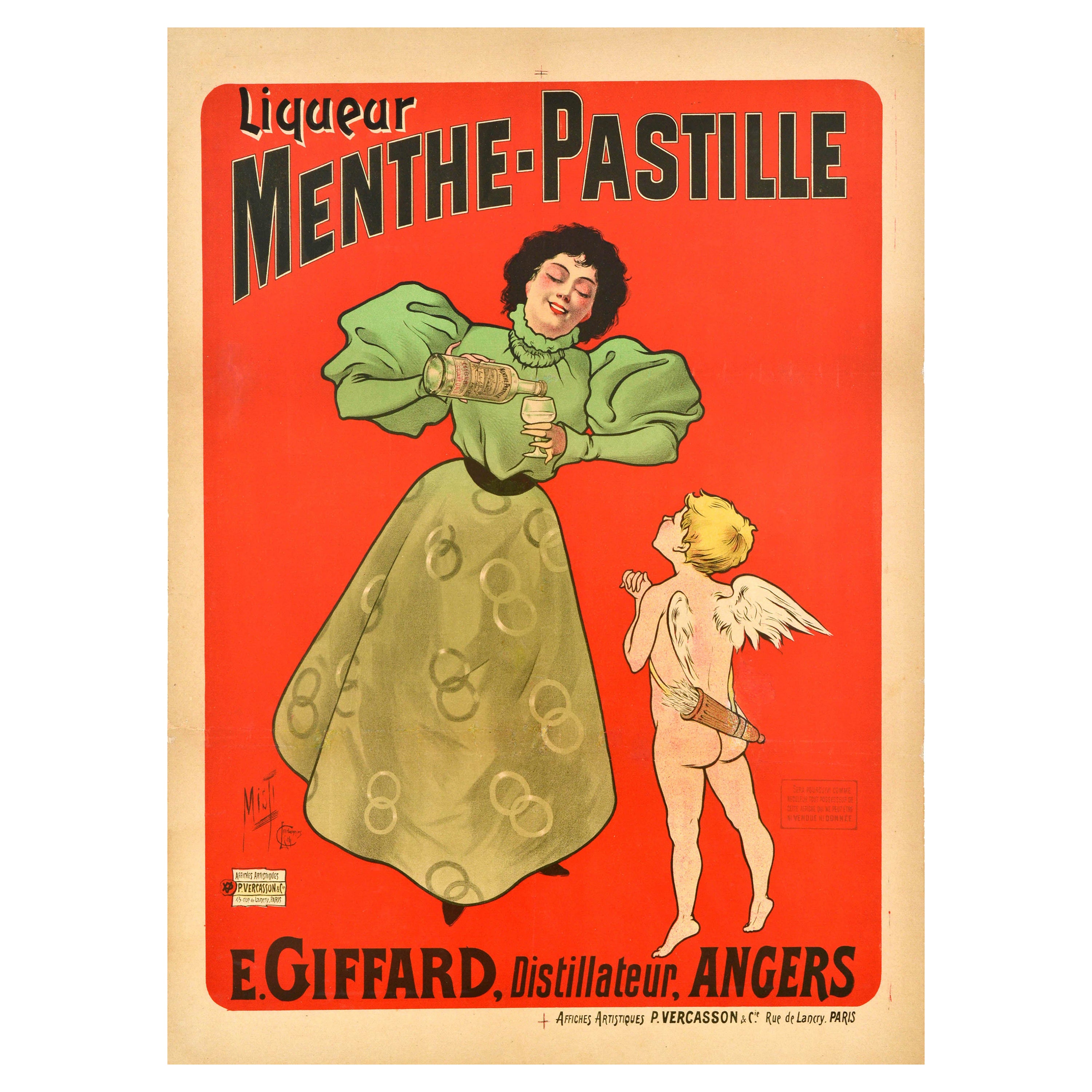 Affiche ancienne d'origine , Liqueur Menthe Pastille , E . Giffard , Art du chérubin à boire