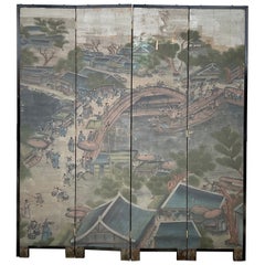 Chinese Chinoiserie Four Panel Wallpaper Screen