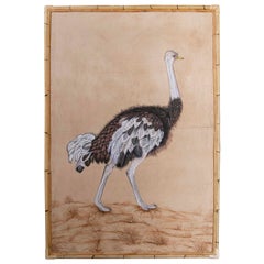 1970s Ostrich Picture Painted on Canvas and Framed in Bamboo
