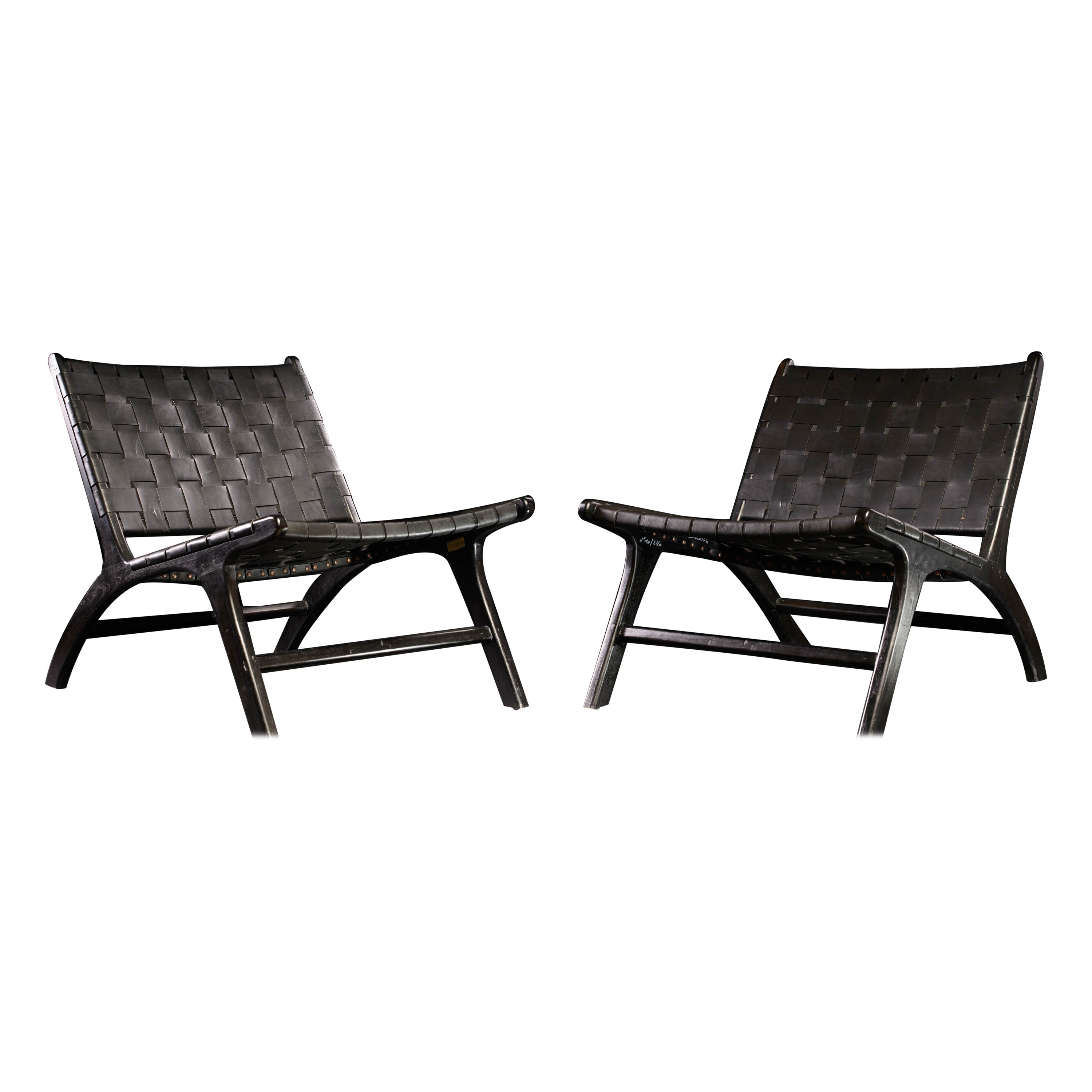 Olivier De Schrijver Ode design edition Pair of Leather woven Lounge chairs For Sale