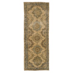 Vintage Oushak Runner Rug, Geometric Design Hand-Knotted Carpet