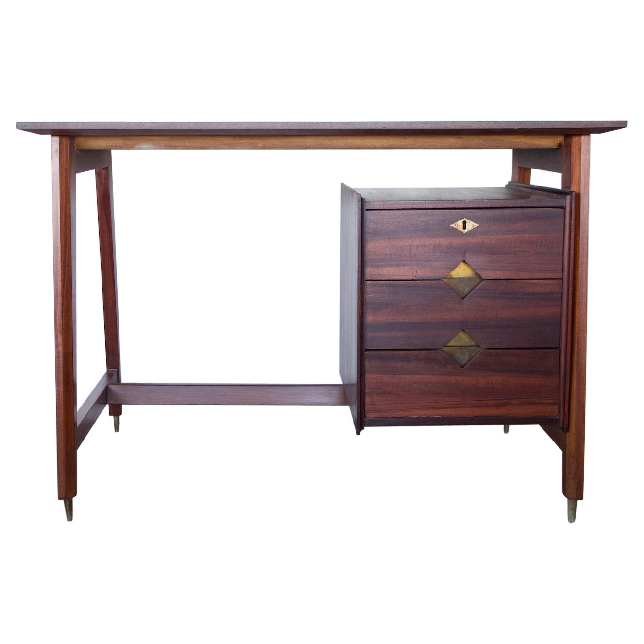 Small Wooden Italian Writing Desk with Brass Details For Sale
