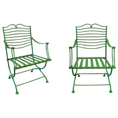 1970s Pair of Green Painted Iron Arm Chairs
