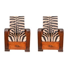 Pair of Art Deco Wooden Lounge Chairs with folding back and zebra skin cushions
