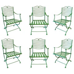 1970s Set of Six Green Painted Iron Chairs with Armrests