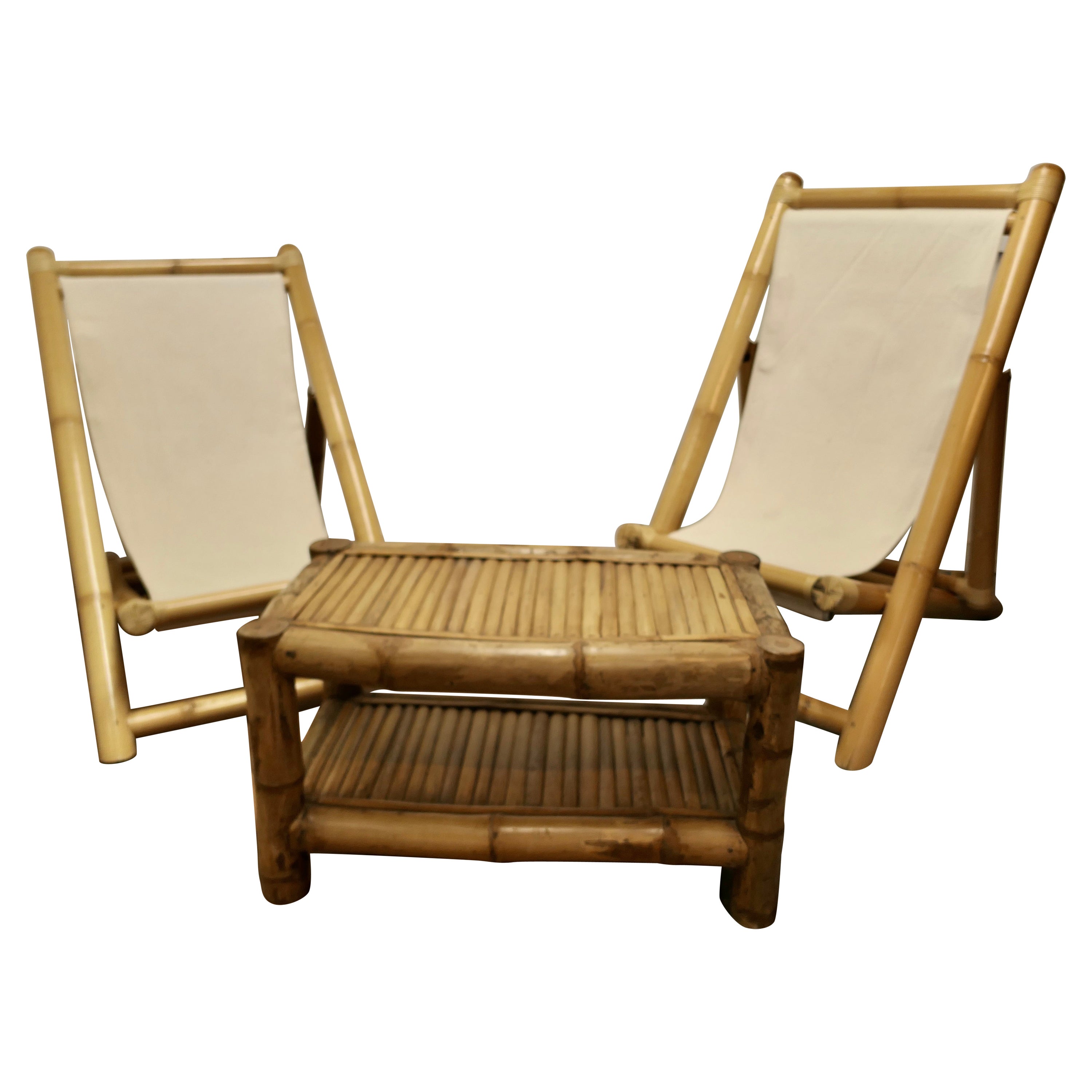 Pair of Giant Bamboo Deck Chair Set with Coffee Table For Sale
