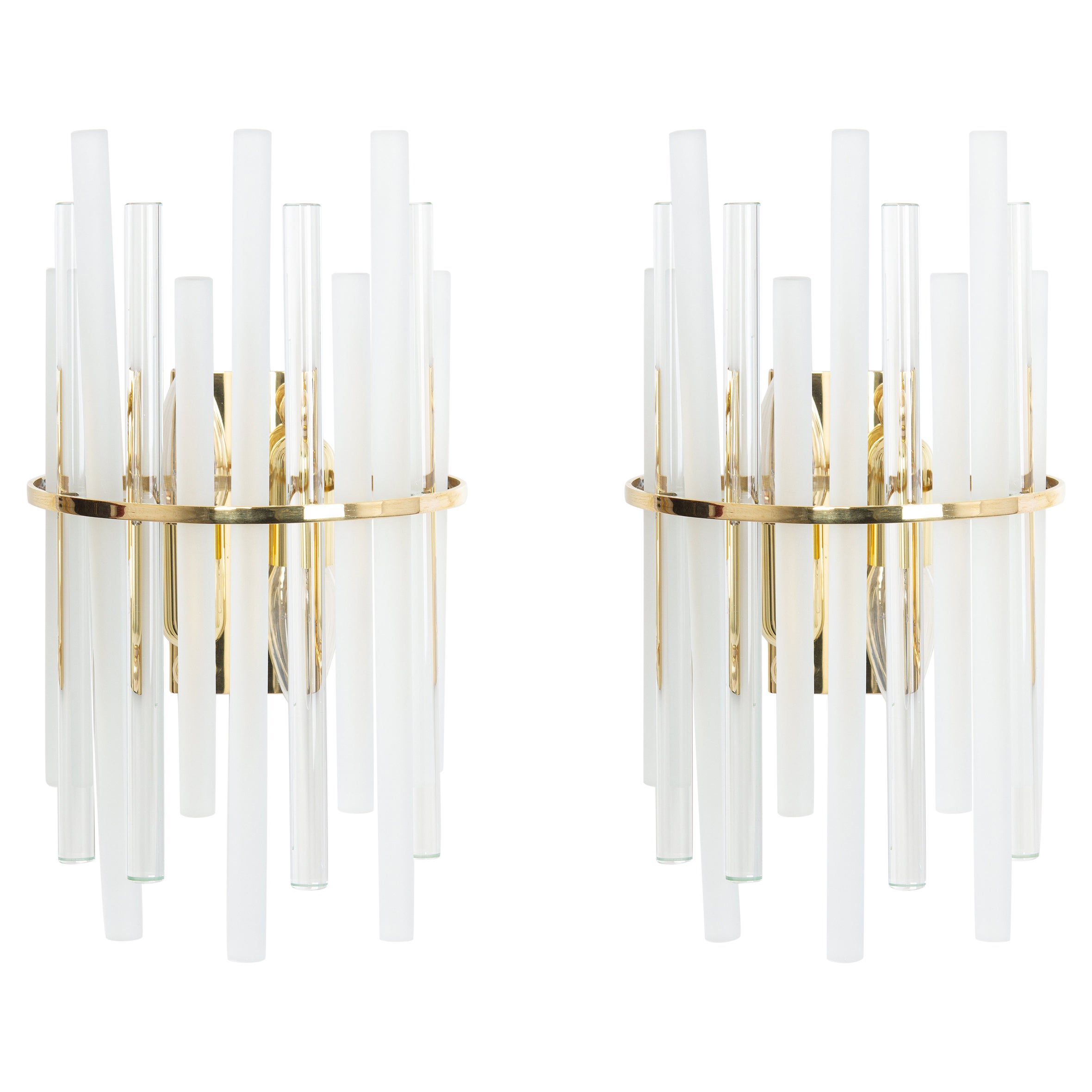 Wonderful pair of midcentury brass wall sconces with crystal glasses, made by Christoph Palme, Germany, manufactured, circa 1970-1979.
Dimensions:
Width 7.8 in., 20 cm
Height 13.7 in., 35 cm
Depth 5.9 in., 15 cm

Each sconce needs 2 x E14