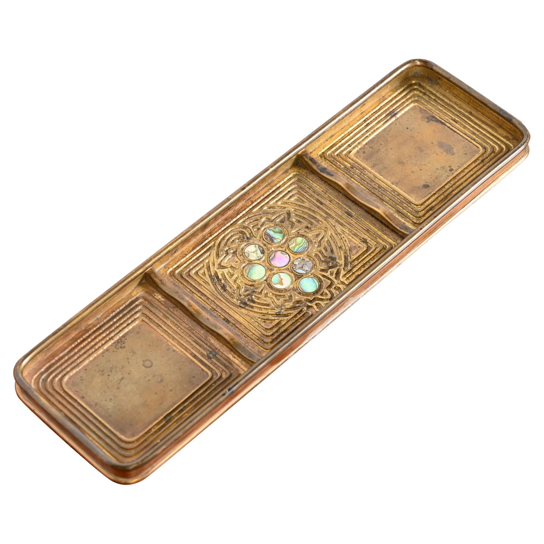 Tiffany Studios New York Bronze Doré and Abalone Pen Tray, circa 1910 For Sale