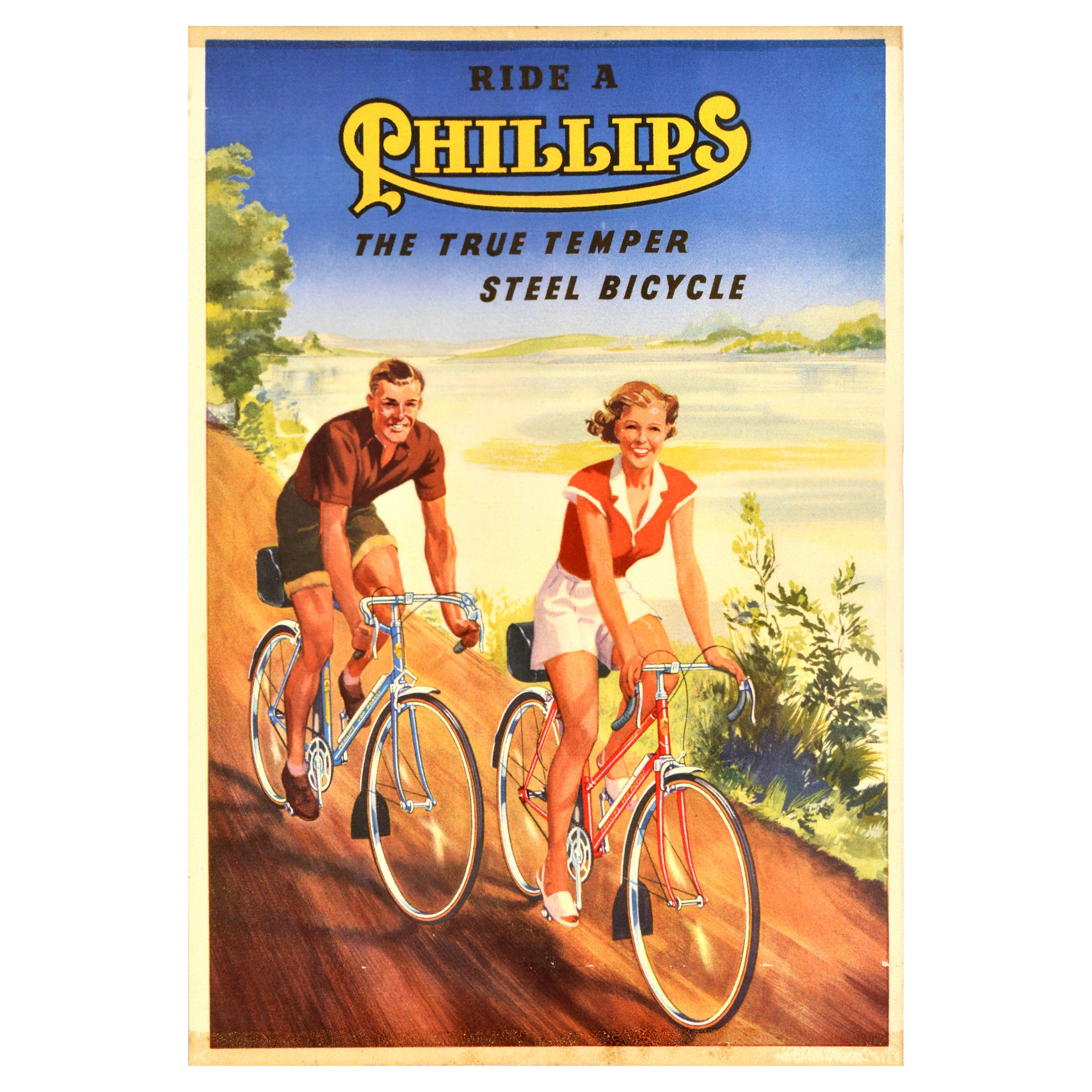 Original Vintage Bike Poster Ride A Phillips Steel Bicycle Countryside Cyclists