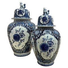 Antique Late 19th Century Medium & Large Delft Ginger Jars with Covers by Petrous Regout