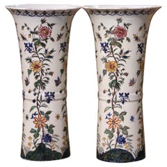 Pair of 19th Century French Hand Painted Faience Trumpet Vases from Provence