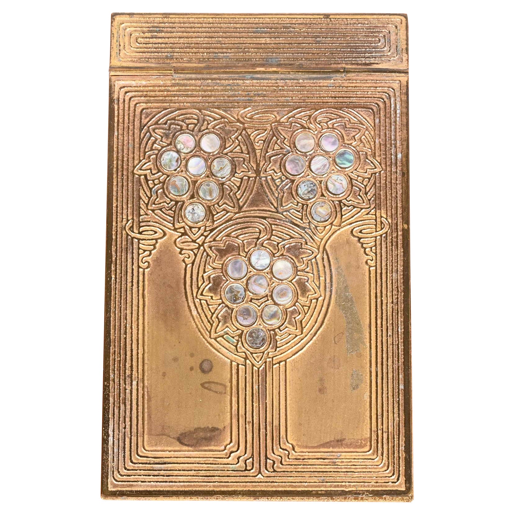 Tiffany Studios New York Art Deco Bronze Doré and Inlaid Abalone Notepad Holder