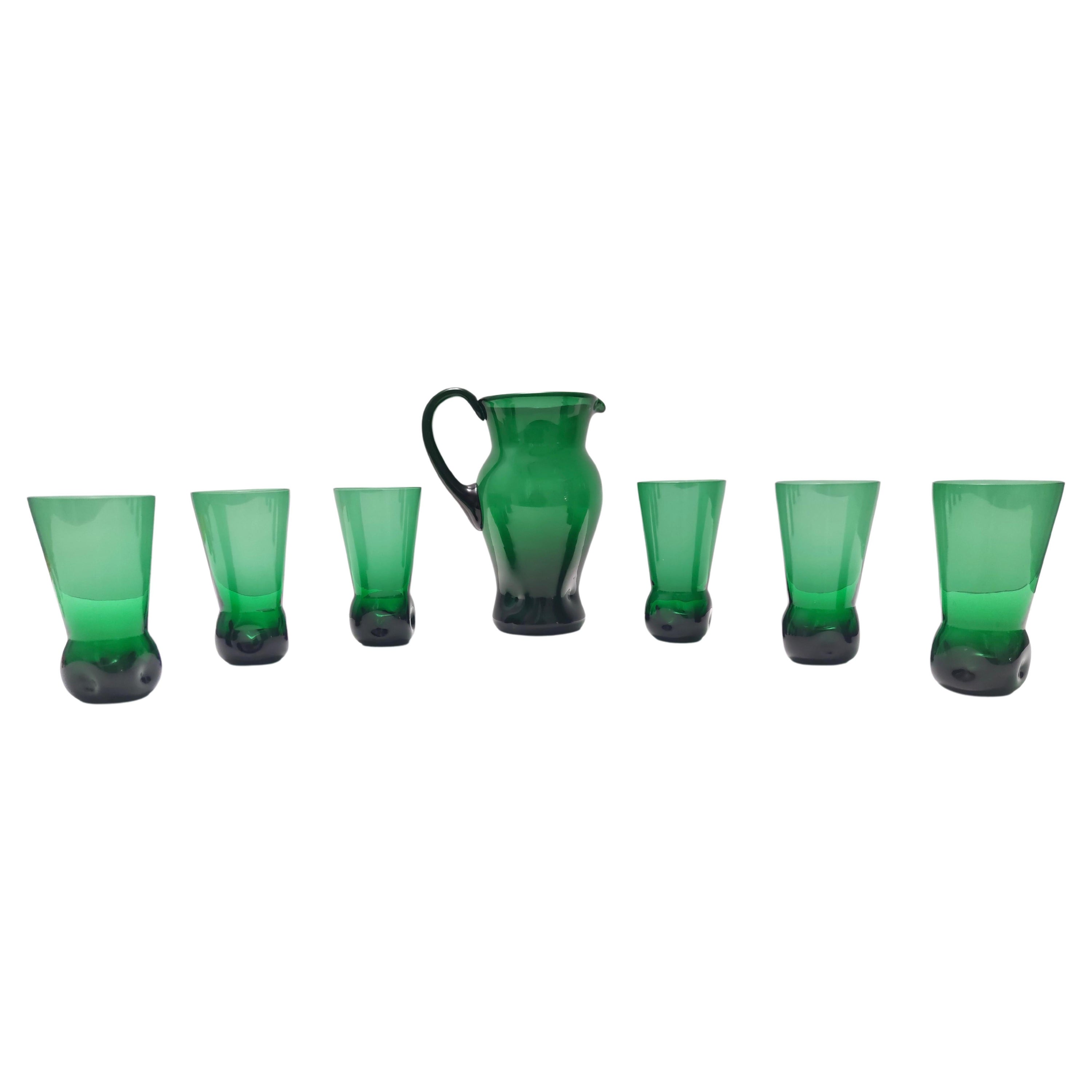 Vintage Set of Six Green Hand-Blown Glass Drinking Glasses and a Pitcher, Empoli For Sale