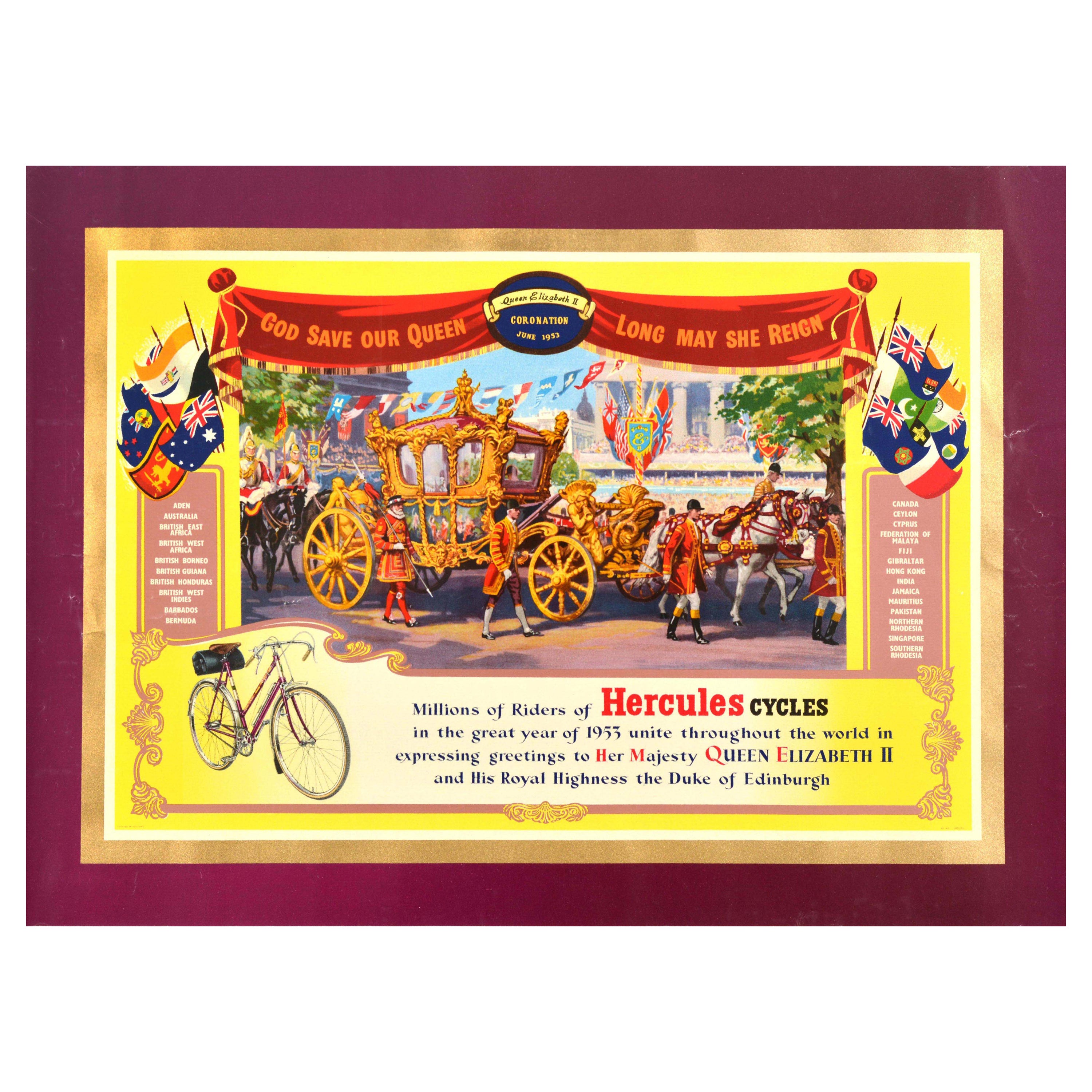 Original Vintage Poster Hercules Cycles Queen Elizabeth II Coronation 1953 Art For Sale