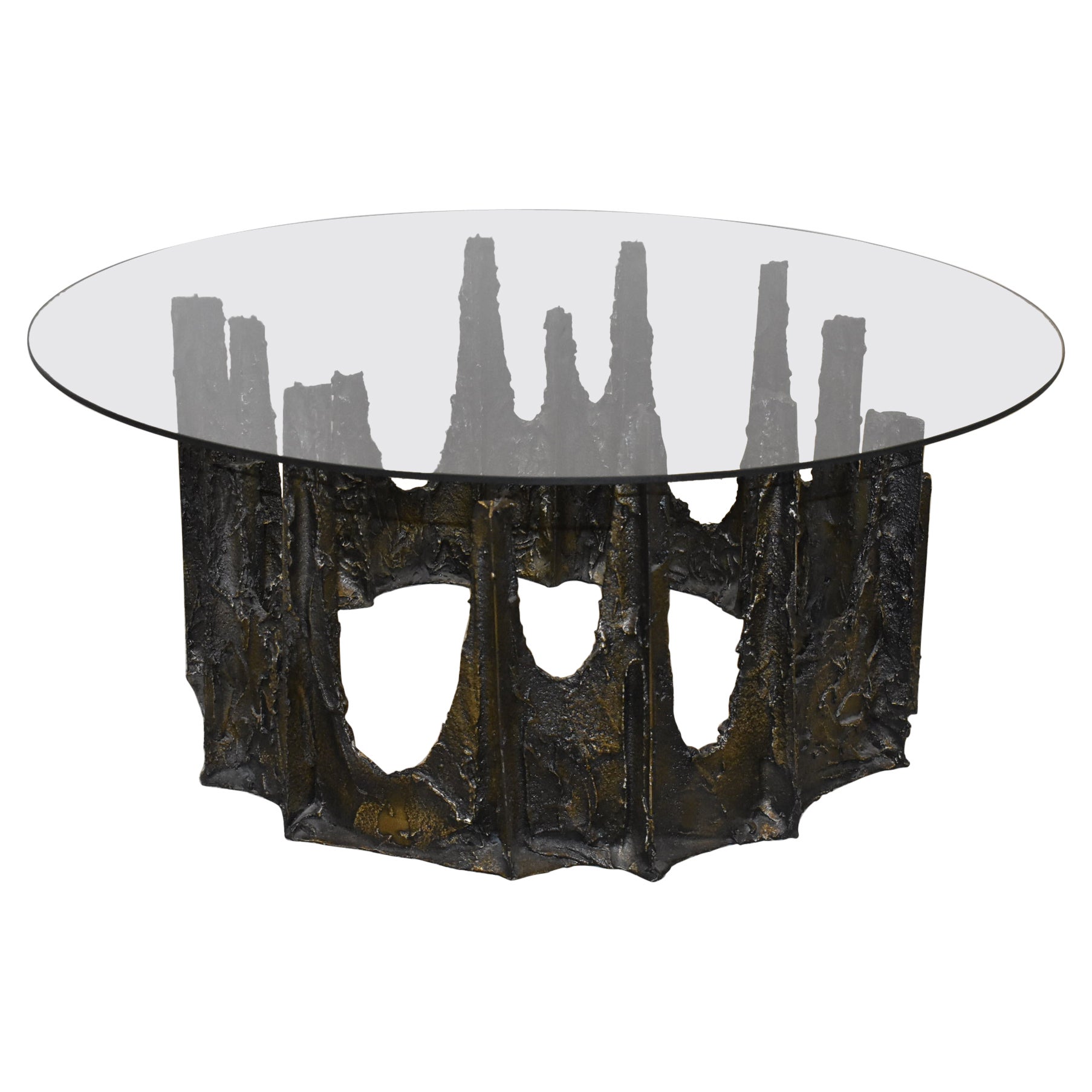 Modern Paul Evans Round Stalagmite Form Base with Glass Top Coffee Table For Sale