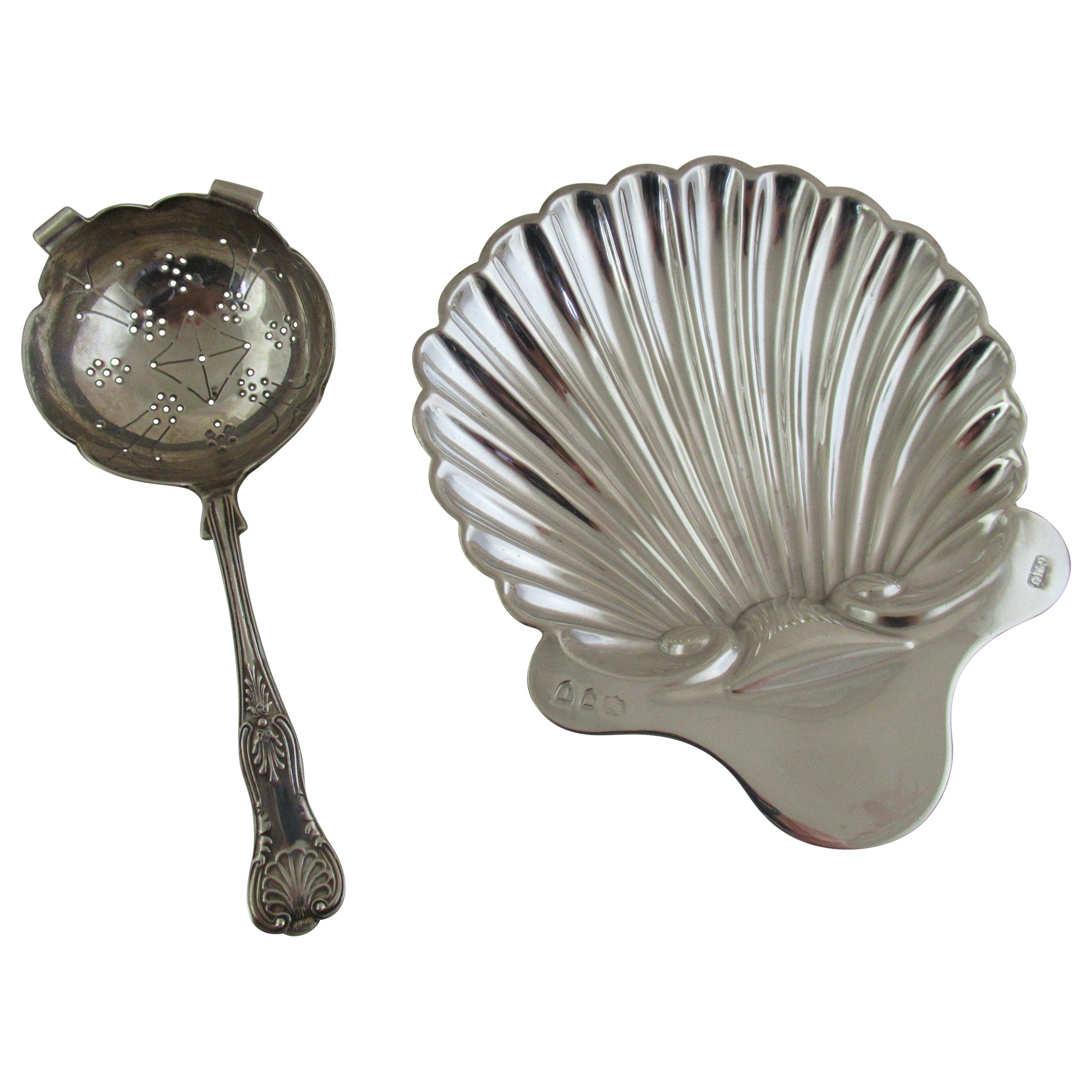 English Silver, Tea Strainer '1894' & Butter Shell '1977', London & Sheffield For Sale