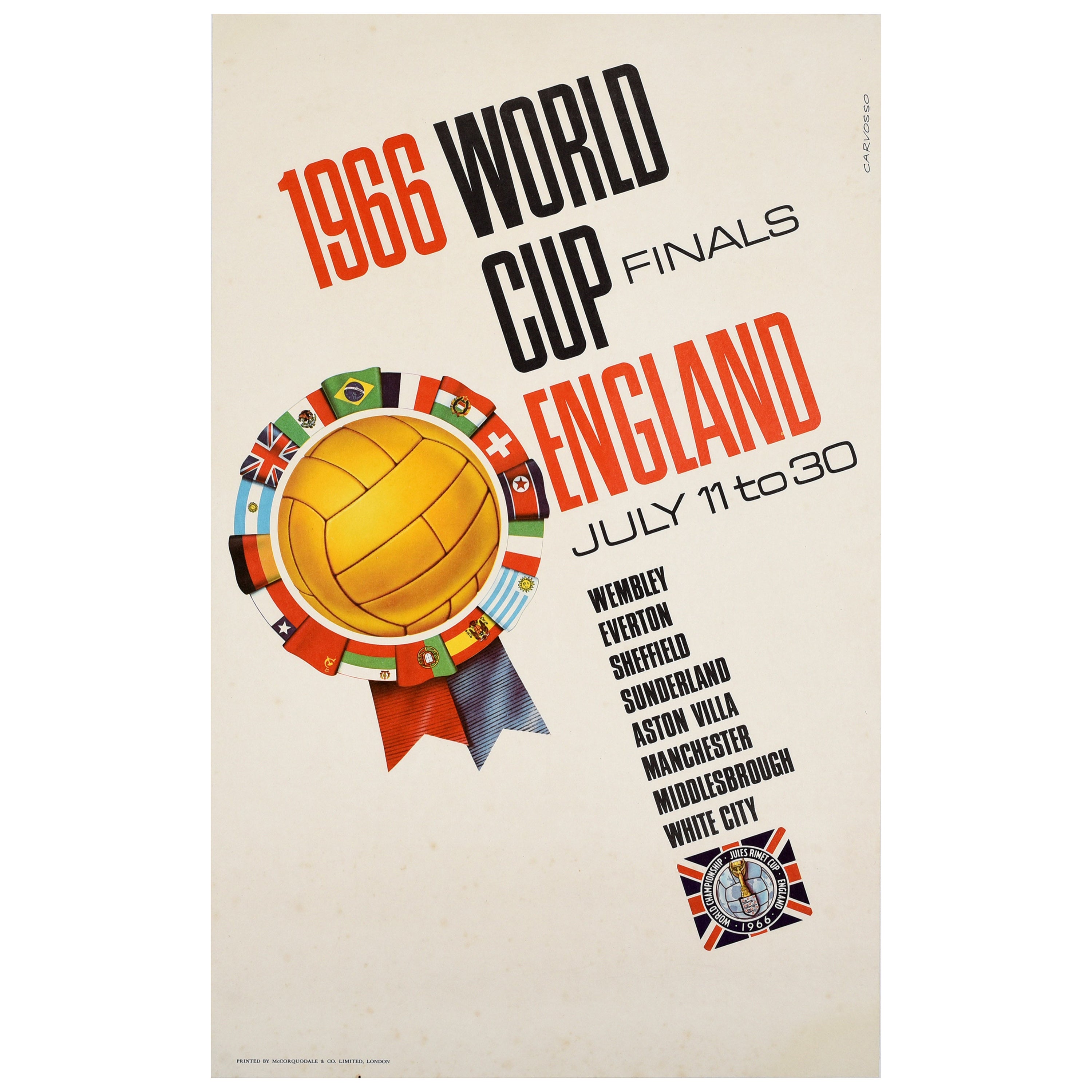 Affiche de sport vintage d'origine de la Coupe du monde de 1966 avec les drapeaux de football de Wembley de la FIFA en vente