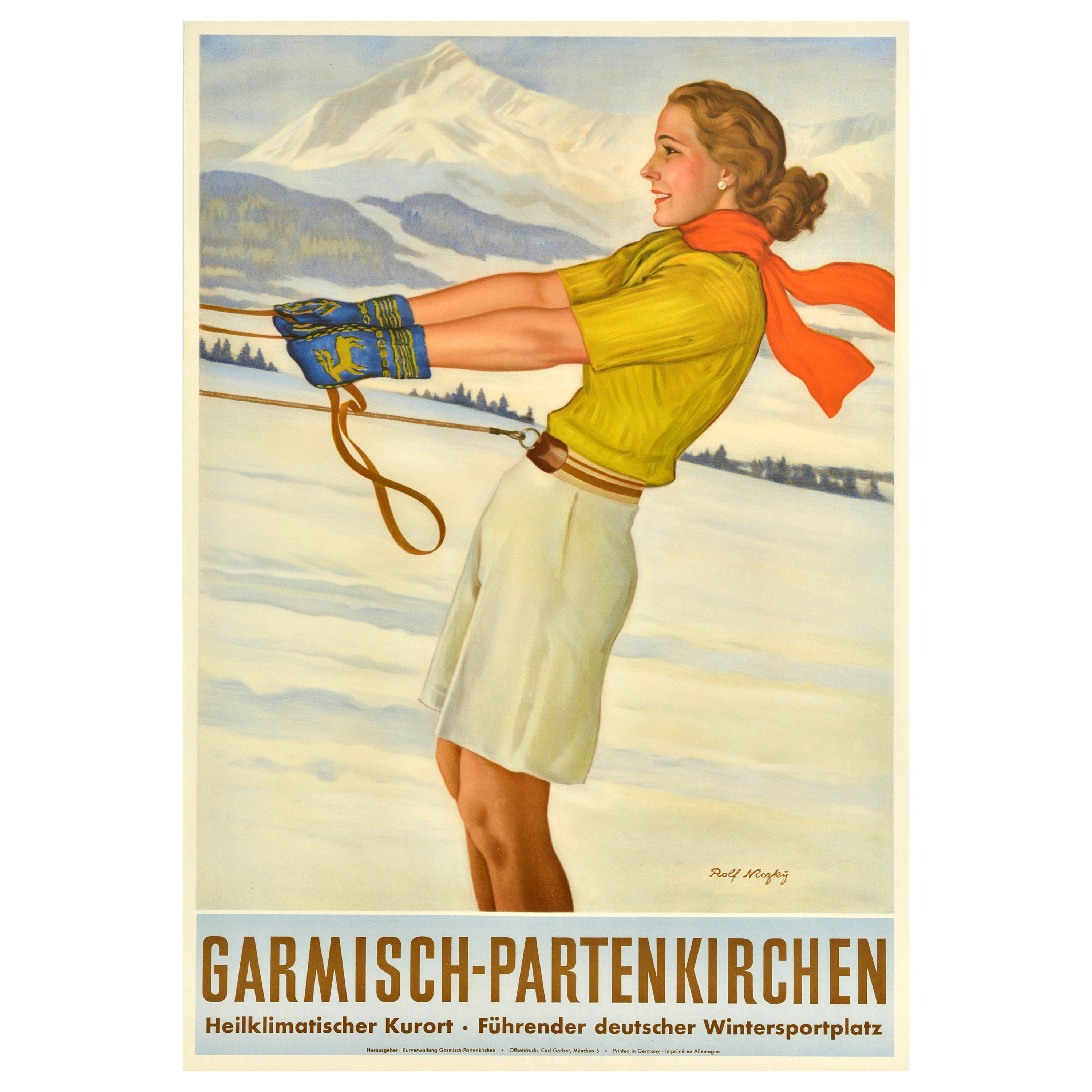 Original Vintage Travel Poster Garmisch Partenkirchen Winter Sport Health Skiing For Sale