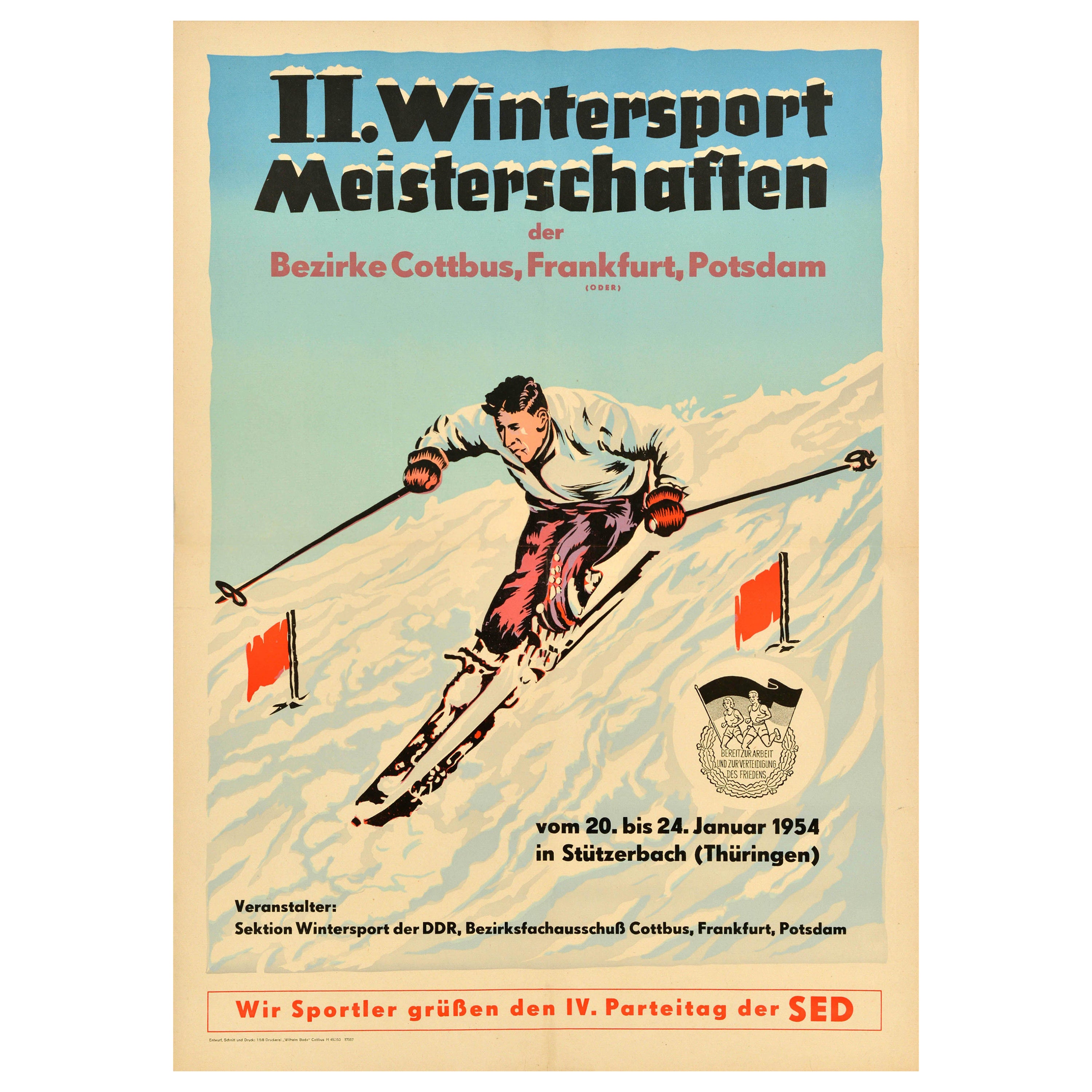 Original Vintage Poster Winter Sport Meisterschaften Championship Ski Slalom Art For Sale