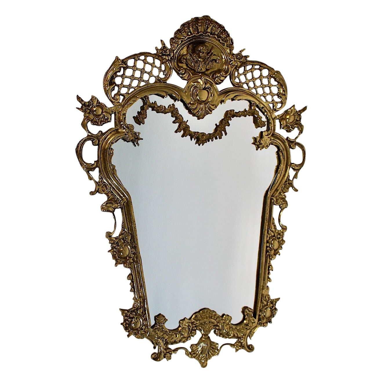 Modern Vintage Brass Wall Mirror Style Baroque Revival Italy 1970s For Sale