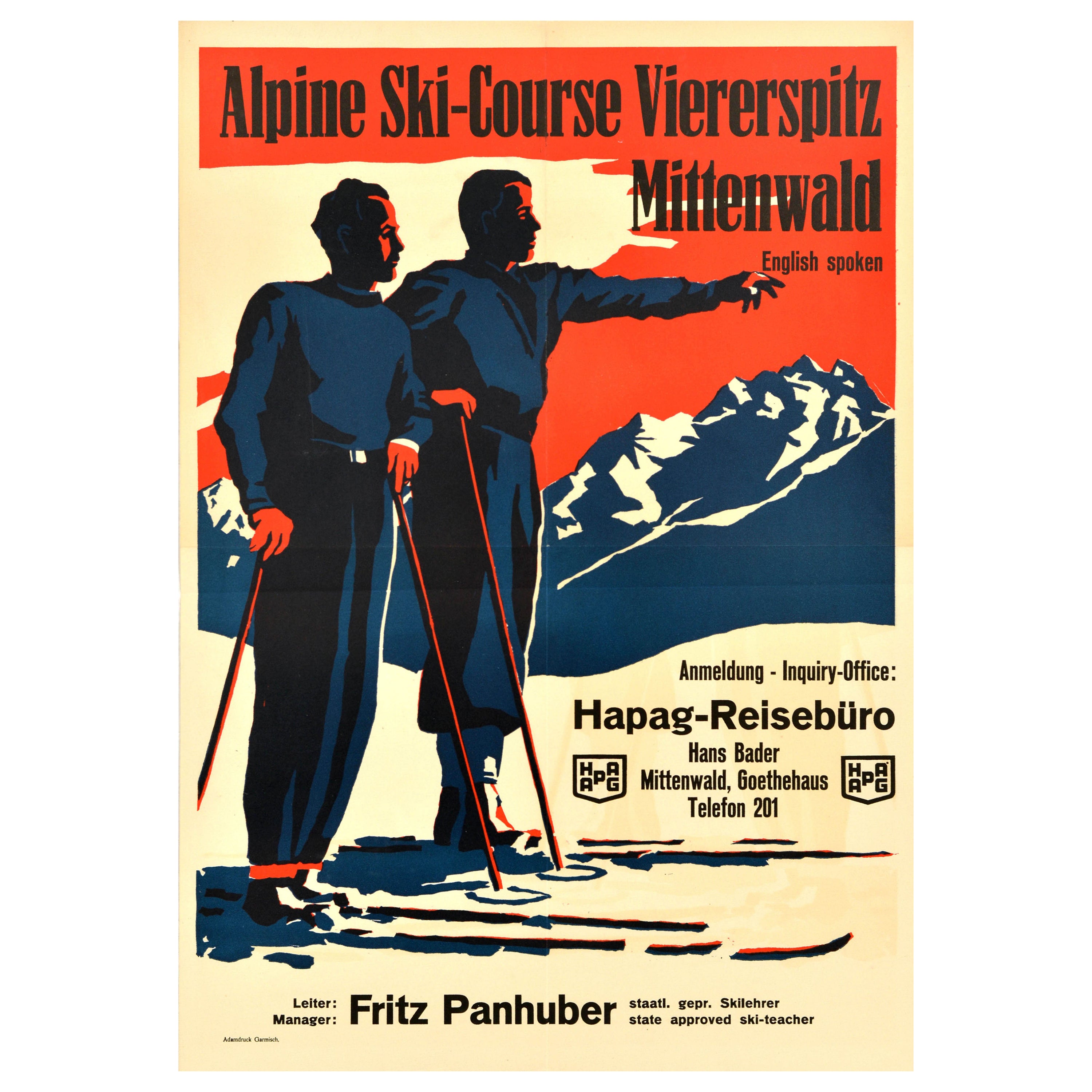 Affiche rétro originale, Course de ski alpin, Viererspitz Mittenwald, Alpes de la Bavière