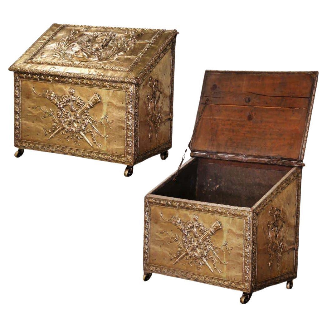 19th Century French Repousse Brass Clad Coal Bin on Casters with Hunt Motifs