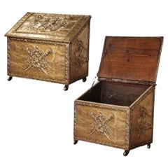 Antique 19th Century French Repousse Brass Clad Coal Bin on Casters with Hunt Motifs