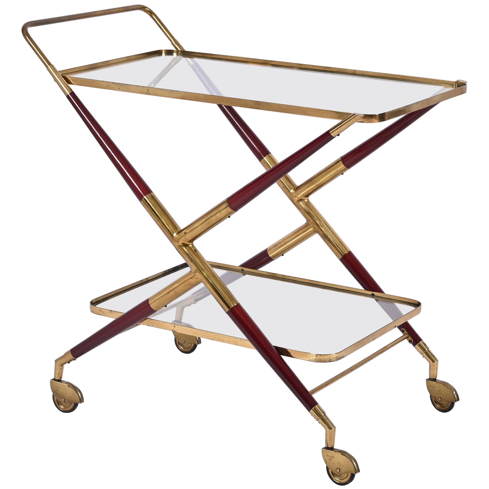 Midcentury Italian Bar Cart by Cesare Lacca Brass and Red Wood Serving Trolley