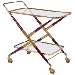 Midcentury Italian Bar Cart by Cesare Lacca Brass and Red Wood Serving Trolley