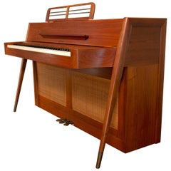 Mid-Century Modern Baldwin Acrosonic Piano with Bench in Walnut + Caning, 1960s