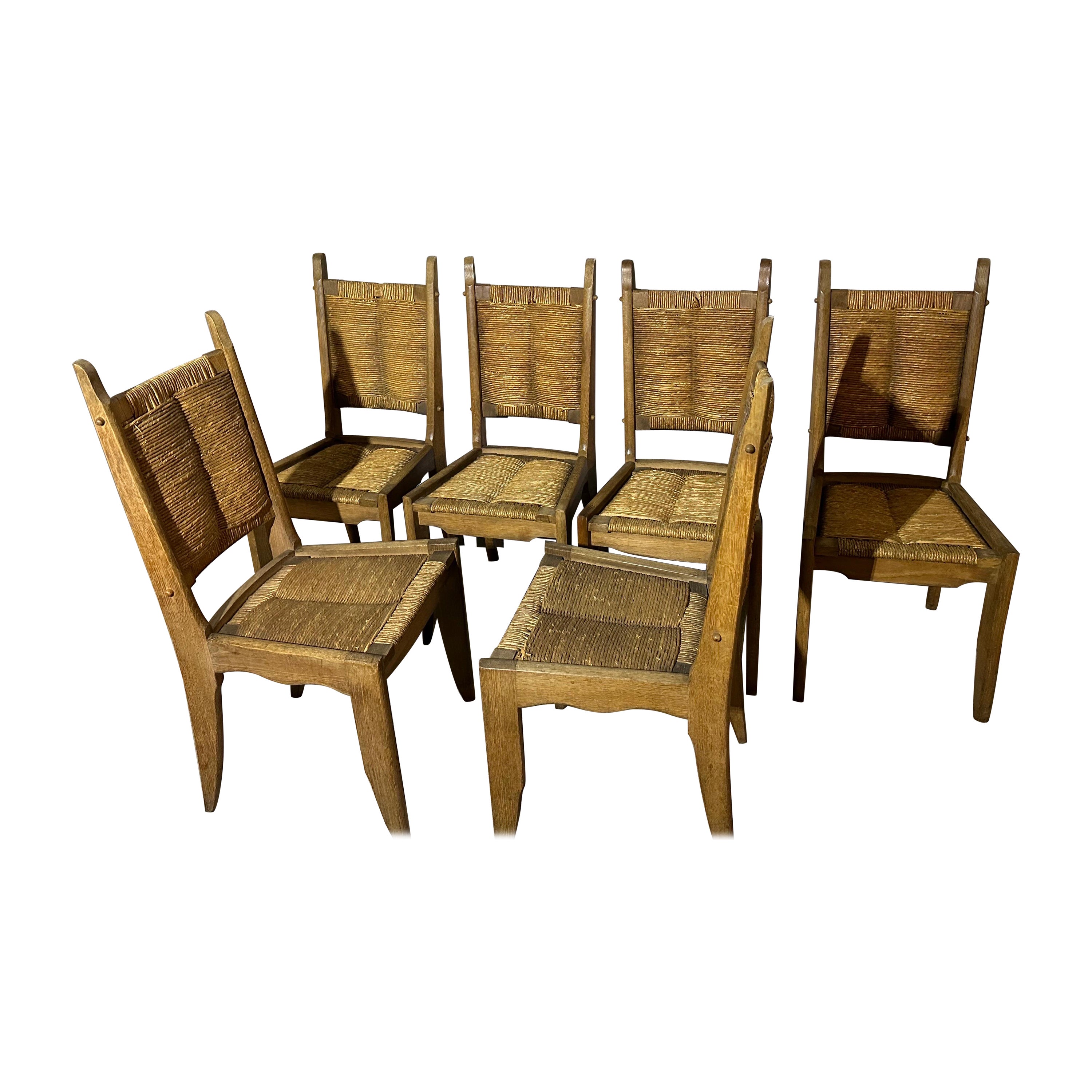 Guillerme et Chambron Set of Six Dining Chairs in Oak and Straw