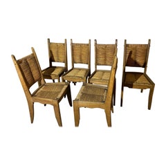 Vintage Guillerme et Chambron Set of Six Dining Chairs in Oak and Straw
