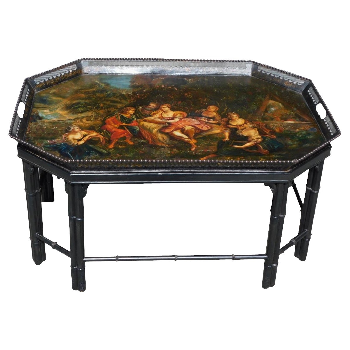 Italian Tole Figural Landscape Gallery Tray on Faux Bamboo Stand, Circa 1815 For Sale